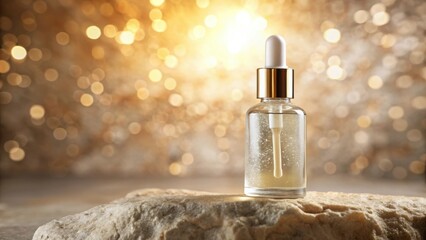 Poster - A dropper bottle of serum sits on a rock with a blurred bokeh background, showcasing the elegance of skincare products.