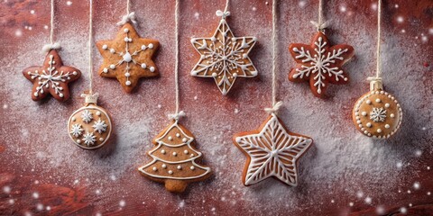Poster - Gingerbread Ornaments Hanging on Strings, Decorated with White Frosting and Snowflakes, Against a Brown Wooden Background with Powdered Sugar Snowfall