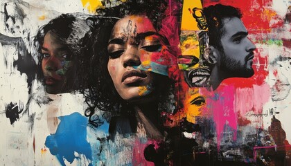 Poster - Expressive Portrait Collage of Diverse Faces in Vibrant Abstract Colors and Artistic Brush Strokes