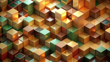 Poster - Abstract Geometric Pattern of Interlocking Cubes with Metallic Sheen and Subdued Hues