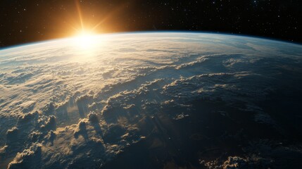 Wall Mural - Ultra detailed, photorealistic view of Earth from space at sunset