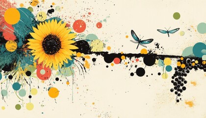 Poster - Vibrant Abstract Design Featuring Sunflower and Colorful Elements with Butterfly Accents