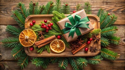 Poster - A Festive Christmas Arrangement Featuring a Brown Gift Box Adorned with a Green Ribbon, Nestled Among Evergreen Sprigs, Dried Oranges, Cinnamon Sticks, and Star Anise on a Wooden Background.