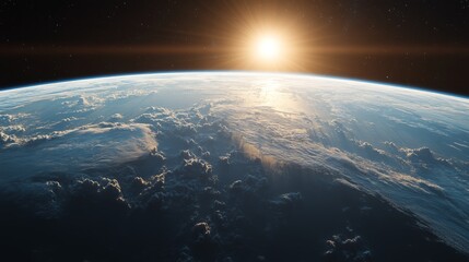 Wall Mural - Ultra detailed, photorealistic view of Earth from space at sunset