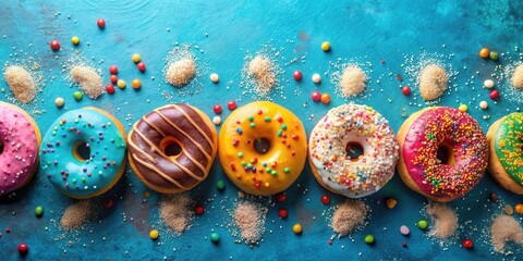 Poster - A colorful array of glazed donuts adorned with sprinkles and sugar crystals arranged against a vibrant blue background.