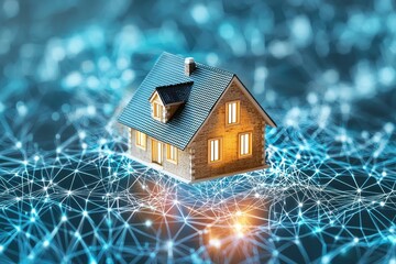 Poster - A digital representation of a house illuminated amidst a web of interconnected nodes, symbolizing smart home technology and connectivity.