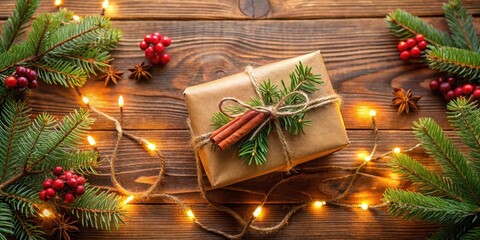 Poster - A rustic Christmas gift wrapped in brown paper adorned with cinnamon sticks and a sprig of evergreen, nestled amidst twinkling lights and festive greenery on a warm wooden surface.