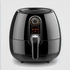 Black air fryer isolated on white background.