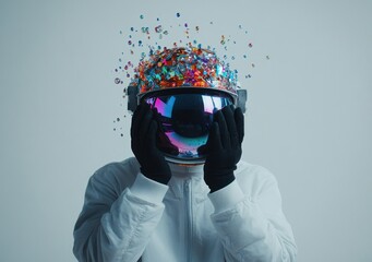 Wall Mural - an astronaut figure holds a helmet with colorful confetti-like elements, symbolizing creativity.