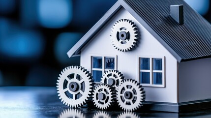 Poster - A model house with gears symbolizes the concept of smart home technology and automation, integrating mechanics with residential living.
