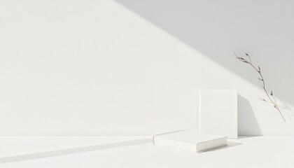 Poster - Minimalist Composition Featuring a Single Book on a Large White Surface with Shadows and a Delicate Plant Accent