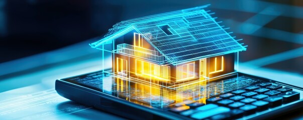 Poster - A digital house model is displayed on a calculator, symbolizing real estate valuation and technology integration in the housing market.