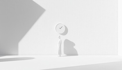 Poster - Minimalist Composition Featuring a Single Clock on a Large White Wall with a Shadow of a Figure