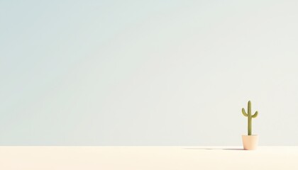 Poster - Minimalist Landscape Featuring a Single Cactus in a Soft Color Palette with an Artistic Feel of Serenity and Simplicity