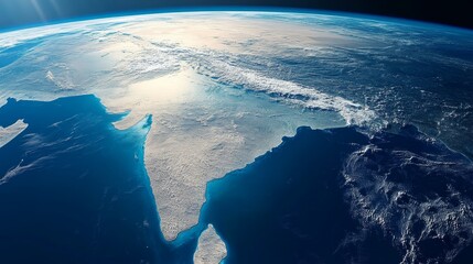 Wall Mural - Ultra detailed, photorealistic view of Earth from space with a focus on the Sahara Desert at dusk