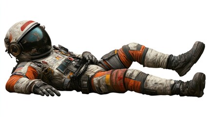 Wall Mural - an astronaut in a worn spacesuit lies on the ground, suggesting exploration or rest in space.