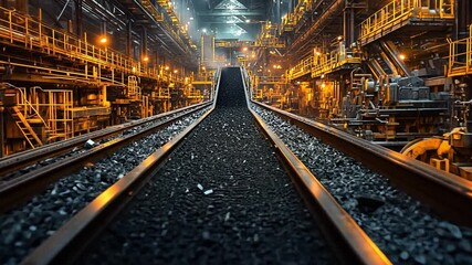 Poster - Industrial coal processing with tracks in a 4k environment showcasing intricate machinery