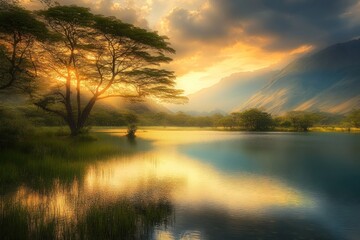 Wall Mural - a serene sunset over a tranquil lake, surrounded by lush trees and mountains.