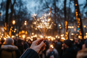 Wall Mural - A close-up of a hand holding a lit sparkler against the backdrop of a crowd celebrating with twinkling lights and a festive atmosphere, embodying joy and connection.