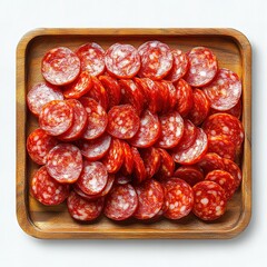 Wall Mural - A wooden tray with many slices of pepperoni