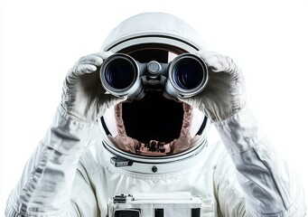 Wall Mural - an astronaut holding binoculars, looking intently into the distance.