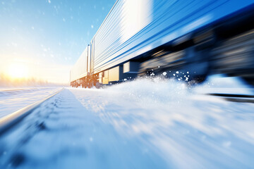 A freight train moving swiftly along snowy tracks, creating a spray of snow as it travels. The scene captures a bright winter day with a clear blue sky and sunlight illuminating the landscape.