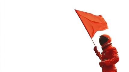 Wall Mural - an astronaut in an orange suit holds a red flag against a white background.