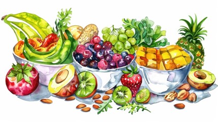 Poster - A creative display of a raw food breakfast. featuring uncooked fruits, vegetables, and nuts. promoting natural and unprocessed eating. Ideal for raw food guides