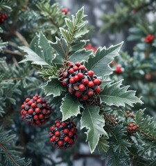 Wall Mural - frost-covered holly berries and pine cones, winter decorations, holiday season, cold, winter