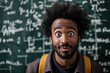 © hdesert - A young man with an expressive face stands in front of a chalkboard filled with mathematical equations. His wide eyes and playful expression add a sense of curiosity and surprise