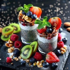 Poster - A creative display of a sugar-free breakfast. featuring chia pudding, fruits, and nuts. emphasizing healthy eating without added sugars. Ideal for breakfast blogs