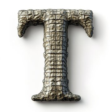 The letter T is made of metal and has a crocodile-like appearance