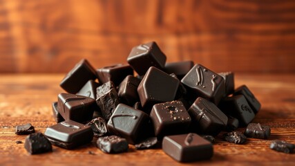 A delectable pile of dark chocolate squares and shavings rests on a rustic wooden surface.