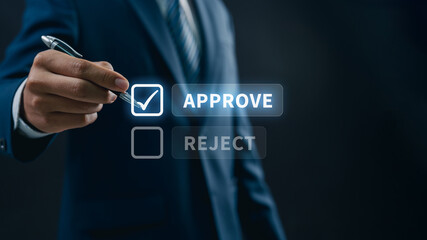 Poster - Business Professional Making Digital Approve or Reject Decisions, Showcasing Advanced Technology for Workflow Management, Authorization Processes, and Corporate Strategy Execution