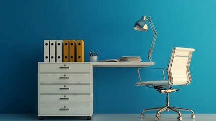 Aufkleber - Modern office workspace with filing cabinet desk and lamp contemporary design product showcase minimalist viewpoint