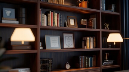 Poster - Elegant dark oak office bookshelf displaying professional literature in modern workspace cozy ambiance thoughtful design