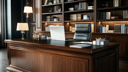 Poster - Executive office environment with dark wood desk and modern decor business space professional setting sophisticated viewpoint