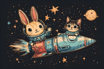 Wall Mural - explore the wonders of space with a detailed illustration of a rocket and celestial bodies, perfect 