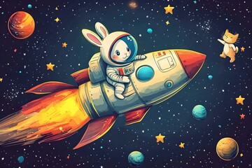 Wall Mural - explore the wonders of space with a detailed illustration of a rocket and celestial bodies, perfect 