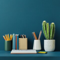 Poster - A desk with a notebook, pencils, pens, and a potted cactus