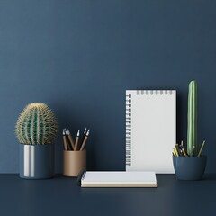 Poster - A desk with a notebook, pencils, and a cactus