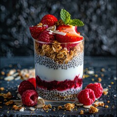 Wall Mural - A detailed close-up of a chia pudding parfait. featuring layers of chia seeds, almond milk, and fresh fruit. highlighting the appeal of nutritious desserts. Ideal for health and recipe blogs