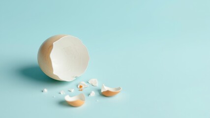 a broken eggshell rests on a pale blue background, fragments scattered nearby, suggesting fragility 