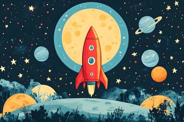 Wall Mural - explore the wonders of space with a detailed illustration of a rocket and celestial bodies, perfect 
