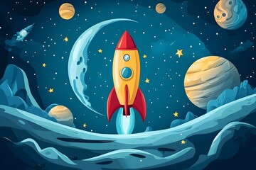 Wall Mural - explore the wonders of space with a detailed illustration of a rocket and celestial bodies, perfect 