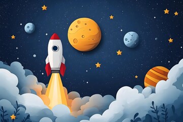 Wall Mural - explore the wonders of space with a detailed illustration of a rocket and celestial bodies, perfect 