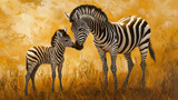 Zebra i jej źrebię delikatnie stykają się pyskami na złotej sawannie, ukazując czułość i więź rodzinną w dzikiej naturze.
