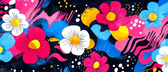 Poster - Vibrant flowers in pink, white, and blue pop against a deep black background, creating an eye-catching and artistic floral composition that energizes the space