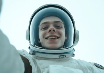 Wall Mural - a smiling astronaut takes a selfie, showcasing the excitement of space exploration.