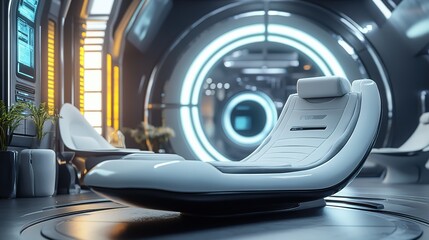 Poster - A futuristic room with a white chair in the center